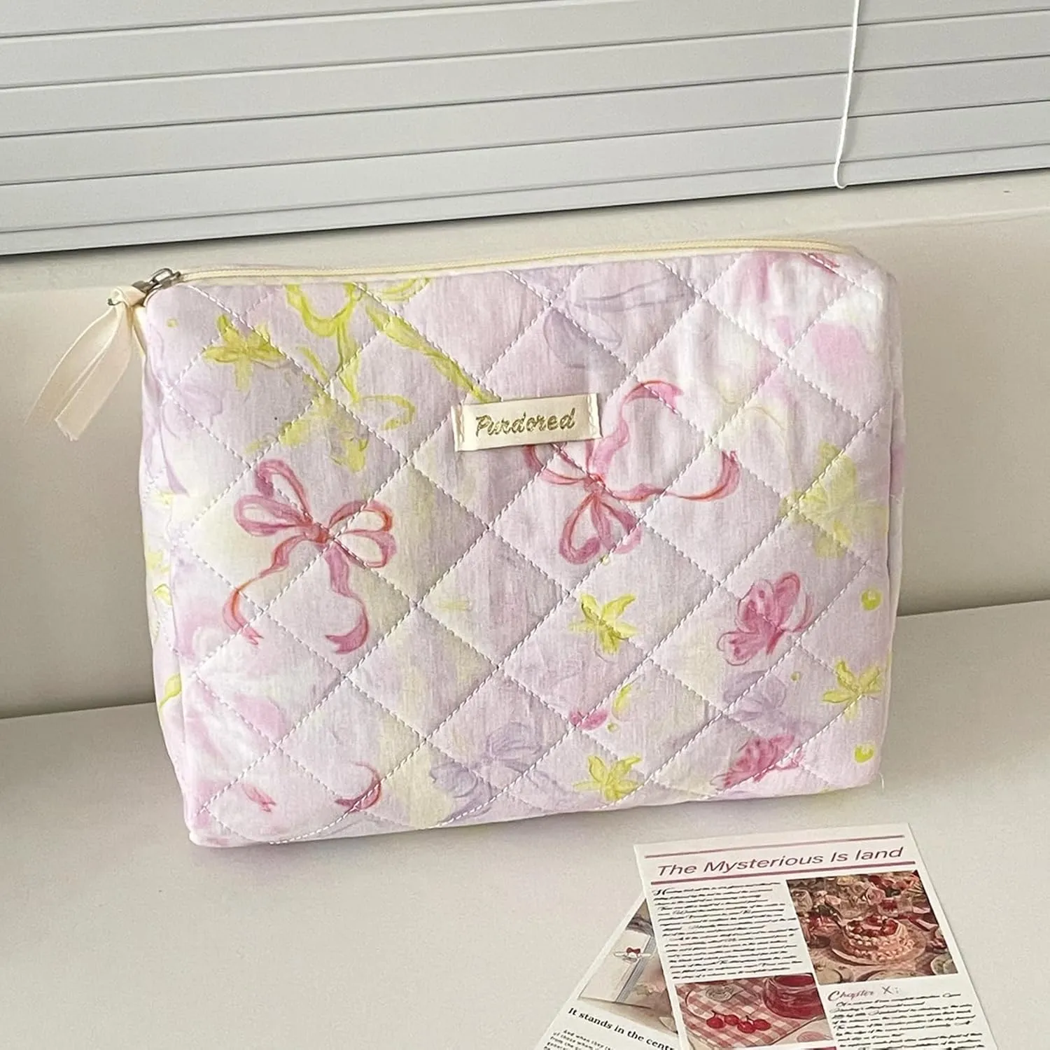 Set of 3 Makeup Bag Set, Large Quilted Makeup Bag Set, Cute Floral Cotton Cosmetic Bag Set, Coquette Bow Makeup Bag Toiletry Bag for Women (D)