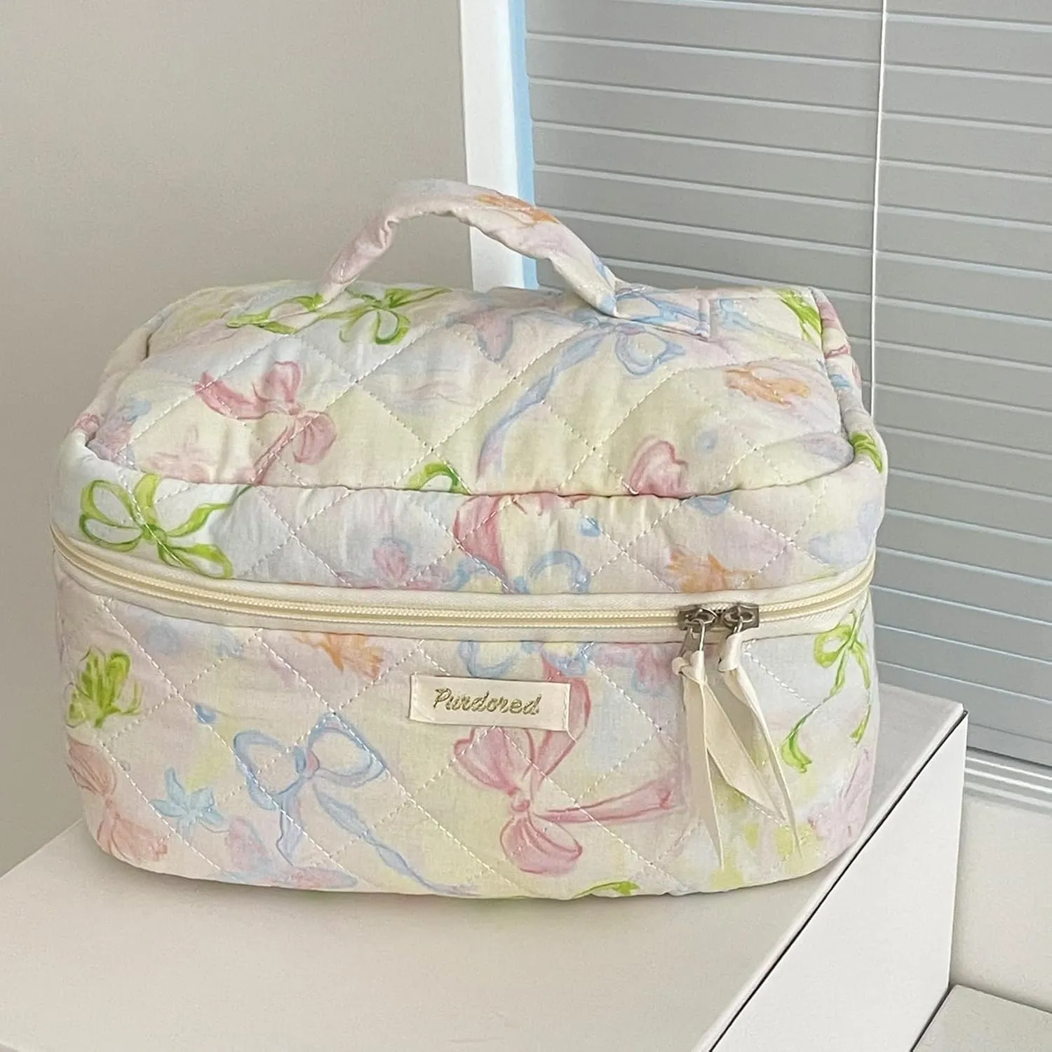 Set of 3 Makeup Bag Set, Large Quilted Makeup Bag Set, Cute Floral Cotton Cosmetic Bag Set, Coquette Bow Makeup Bag Toiletry Bag for Women (E)