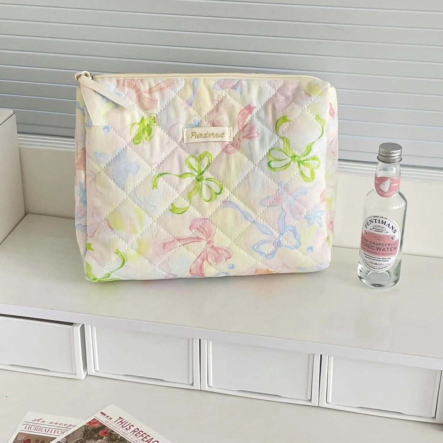 Set of 3 Makeup Bag Set, Large Quilted Makeup Bag Set, Cute Floral Cotton Cosmetic Bag Set, Coquette Bow Makeup Bag Toiletry Bag for Women (E)