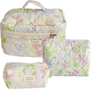 Set of 3 Makeup Bag Set, Large Quilted Makeup Bag Set, Cute Floral Cotton Cosmetic Bag Set, Coquette Bow Makeup Bag Toiletry Bag for Women (E)