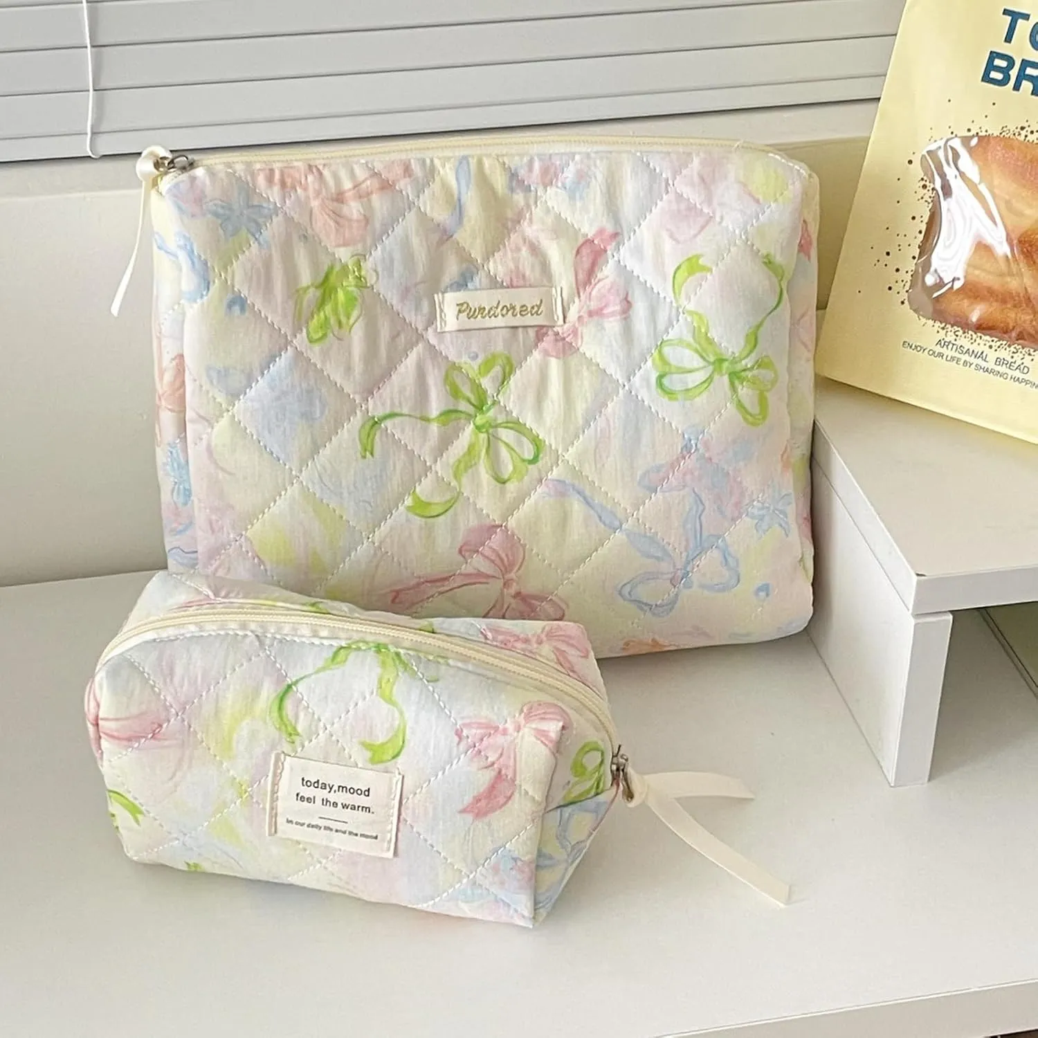 Set of 3 Makeup Bag Set, Large Quilted Makeup Bag Set, Cute Floral Cotton Cosmetic Bag Set, Coquette Bow Makeup Bag Toiletry Bag for Women (E)