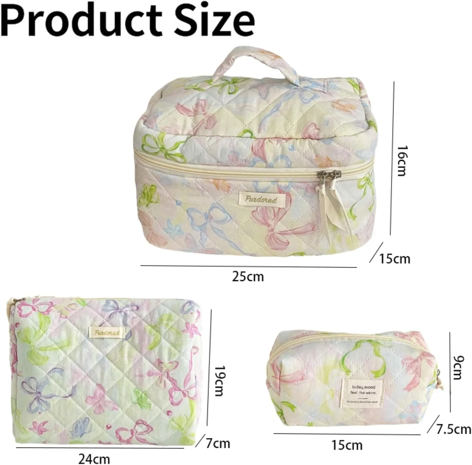 Set of 3 Makeup Bag Set, Large Quilted Makeup Bag Set, Cute Floral Cotton Cosmetic Bag Set, Coquette Bow Makeup Bag Toiletry Bag for Women (E)