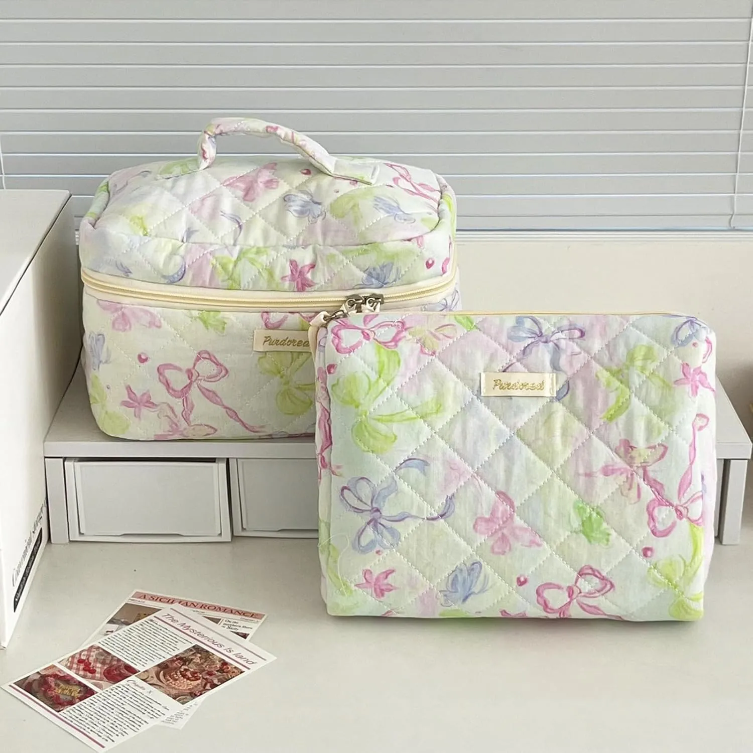Set of 3 Makeup Bag Set, Large Quilted Makeup Bag Set, Cute Floral Cotton Cosmetic Bag Set, Coquette Bow Makeup Bag Toiletry Bag for Women (E)