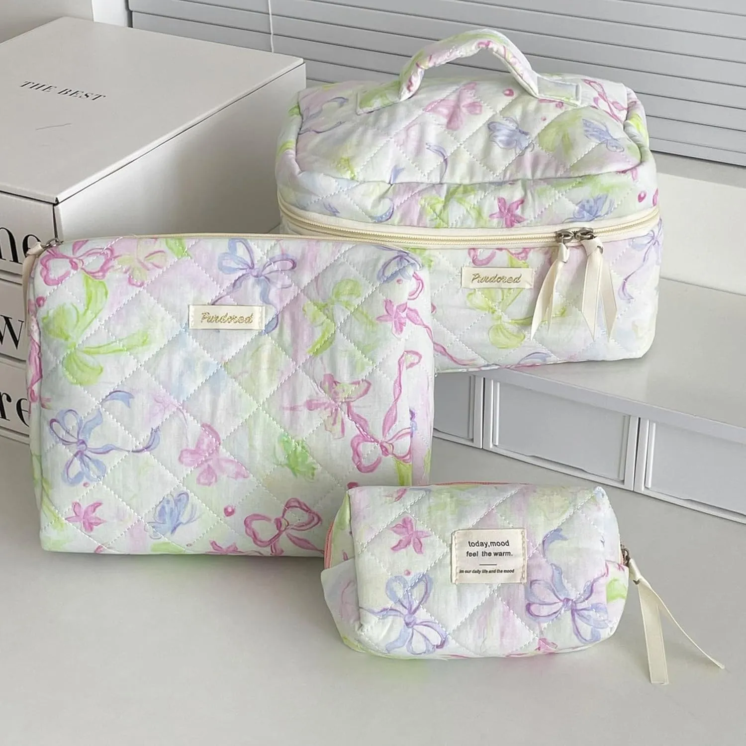 Set of 3 Makeup Bag Set, Large Quilted Makeup Bag Set, Cute Floral Cotton Cosmetic Bag Set, Coquette Bow Makeup Bag Toiletry Bag for Women (F)