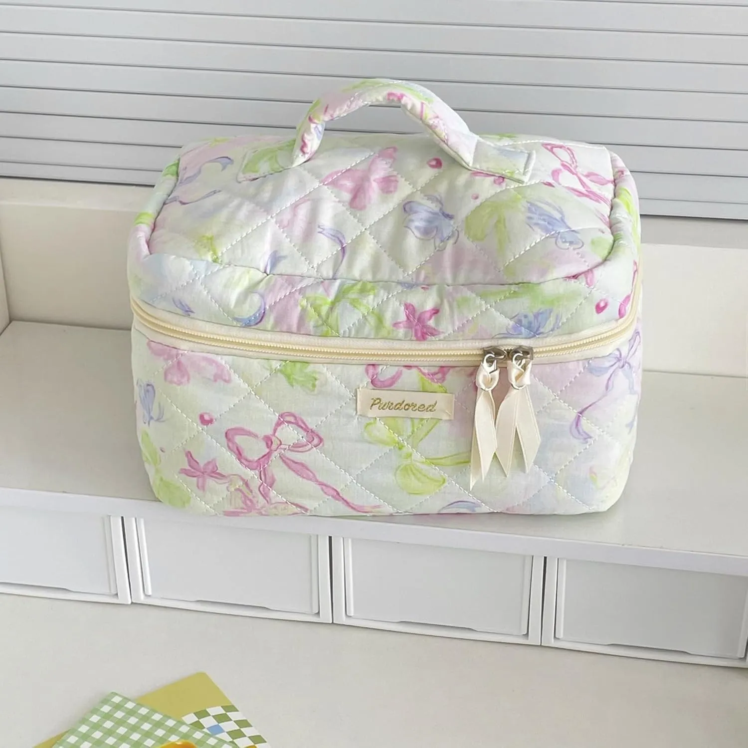 Set of 3 Makeup Bag Set, Large Quilted Makeup Bag Set, Cute Floral Cotton Cosmetic Bag Set, Coquette Bow Makeup Bag Toiletry Bag for Women (F)