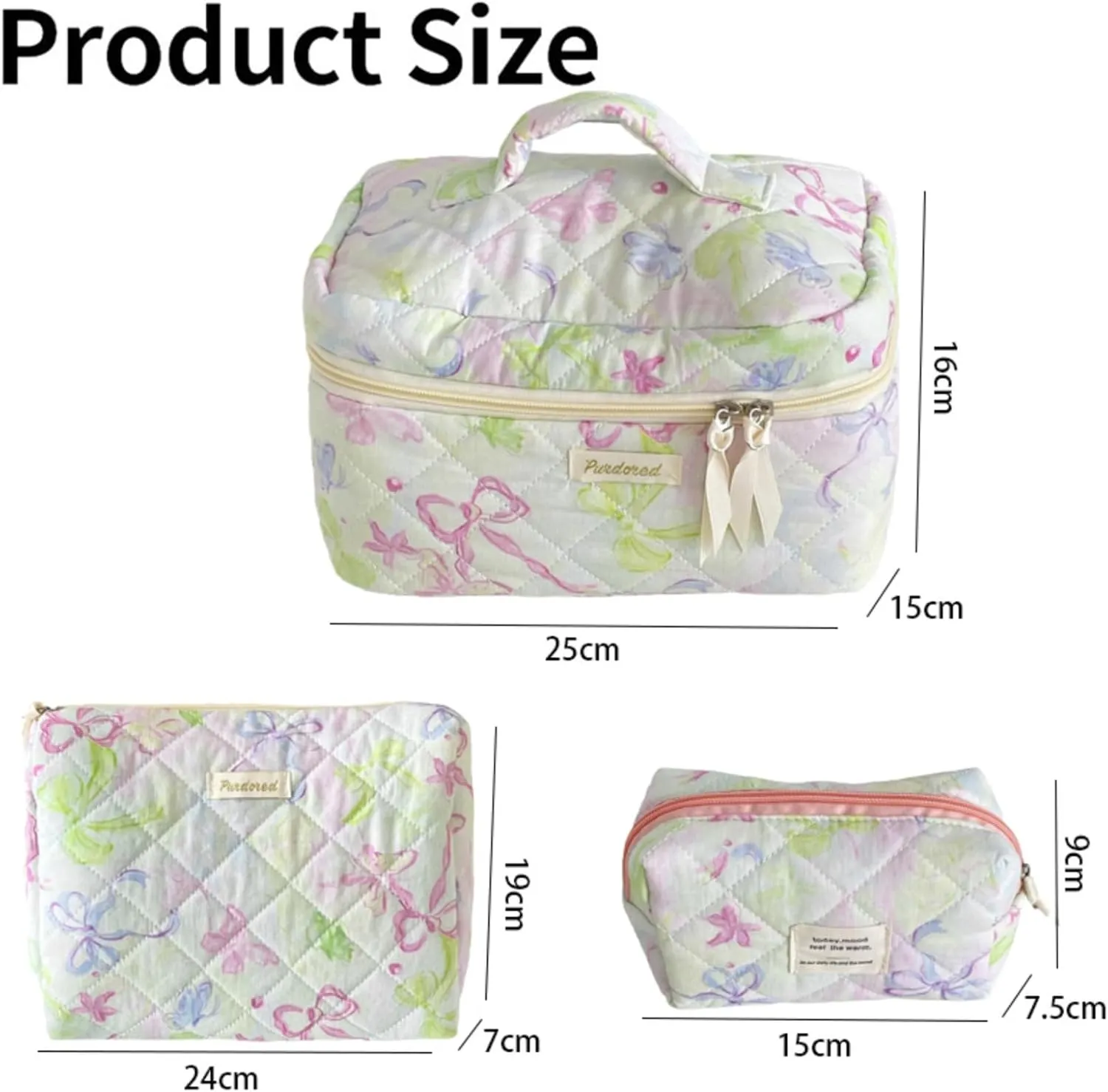 Set of 3 Makeup Bag Set, Large Quilted Makeup Bag Set, Cute Floral Cotton Cosmetic Bag Set, Coquette Bow Makeup Bag Toiletry Bag for Women (F)