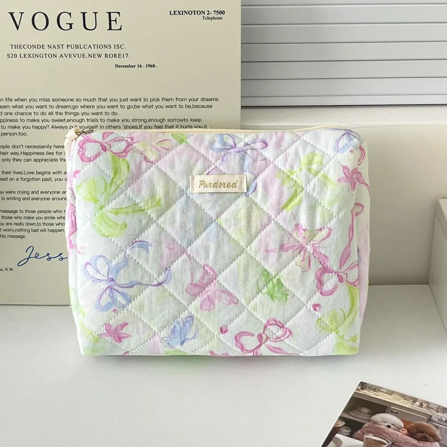 Set of 3 Makeup Bag Set, Large Quilted Makeup Bag Set, Cute Floral Cotton Cosmetic Bag Set, Coquette Bow Makeup Bag Toiletry Bag for Women (F)