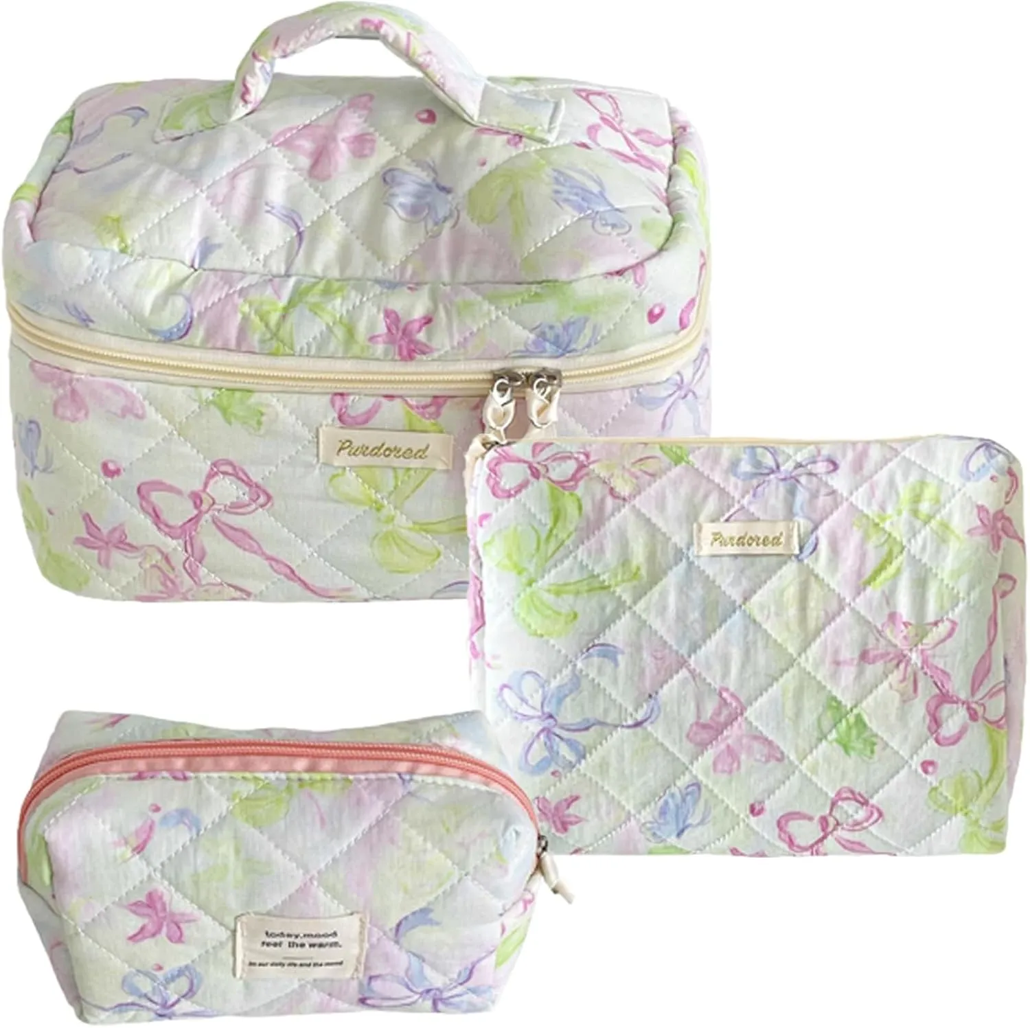 Set of 3 Makeup Bag Set, Large Quilted Makeup Bag Set, Cute Floral Cotton Cosmetic Bag Set, Coquette Bow Makeup Bag Toiletry Bag for Women (F)