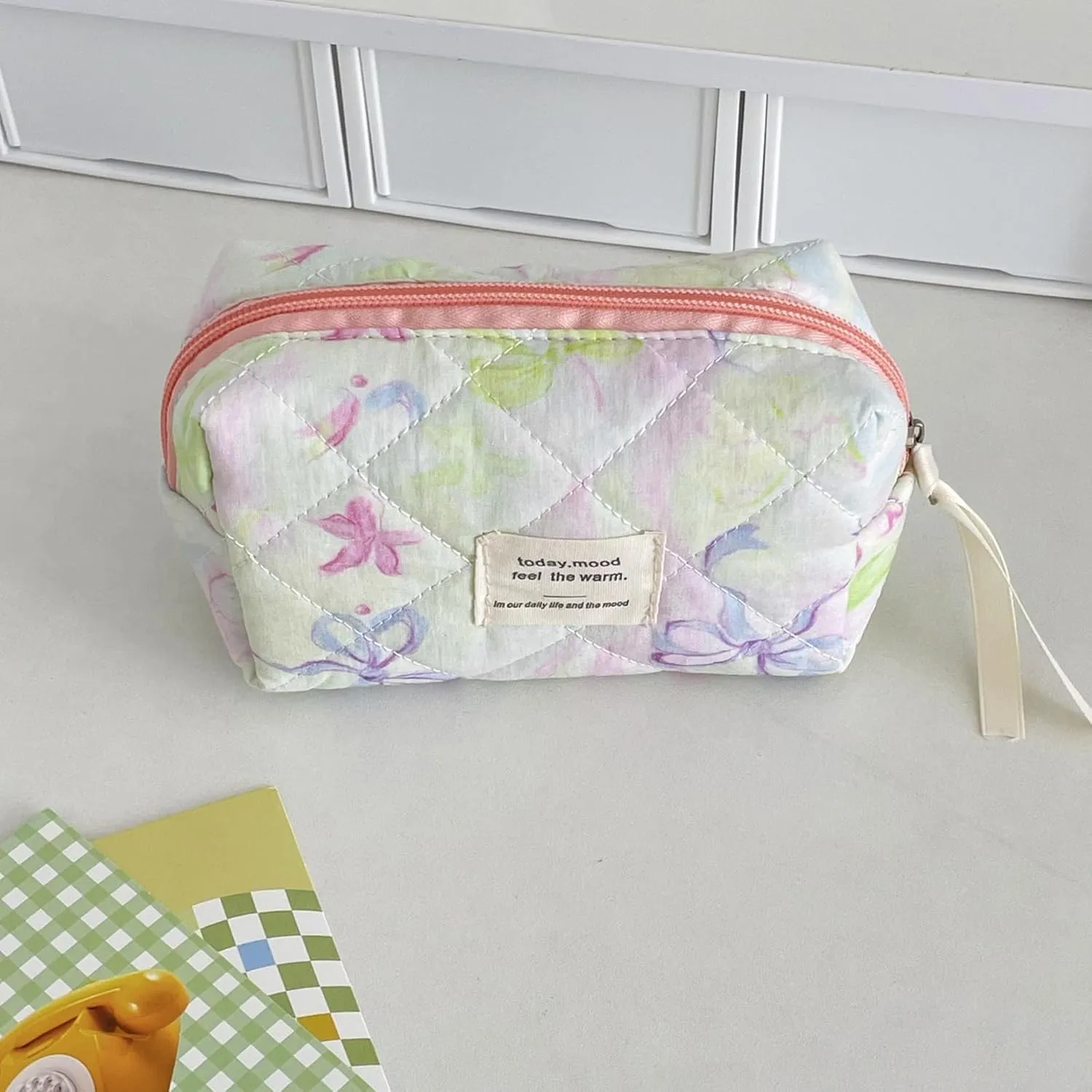 Set of 3 Makeup Bag Set, Large Quilted Makeup Bag Set, Cute Floral Cotton Cosmetic Bag Set, Coquette Bow Makeup Bag Toiletry Bag for Women (F)