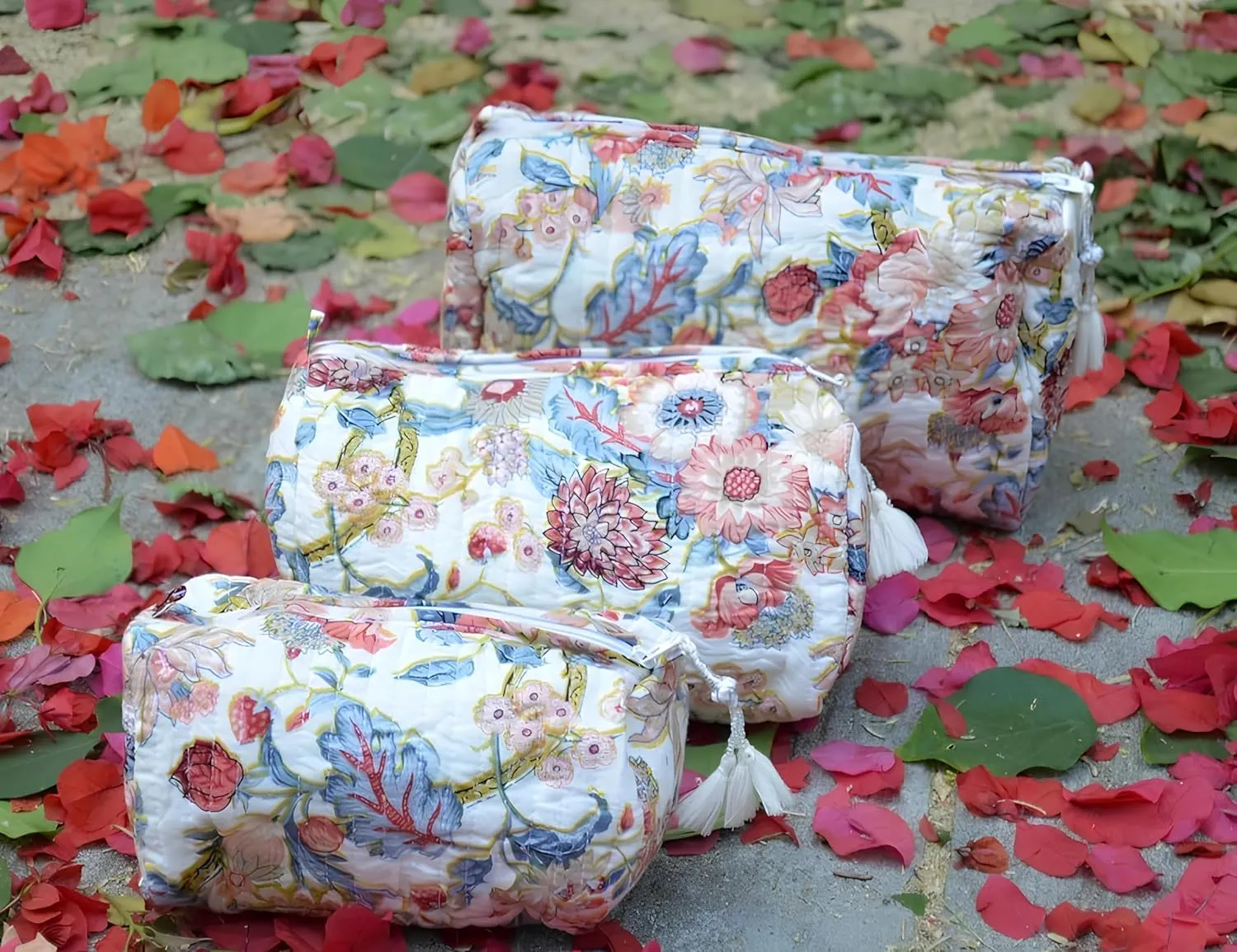 Set of 3 Pieces Indian Cotton Toiletry Bag Set Cosmetic Makeup Bags (Pattern-10)