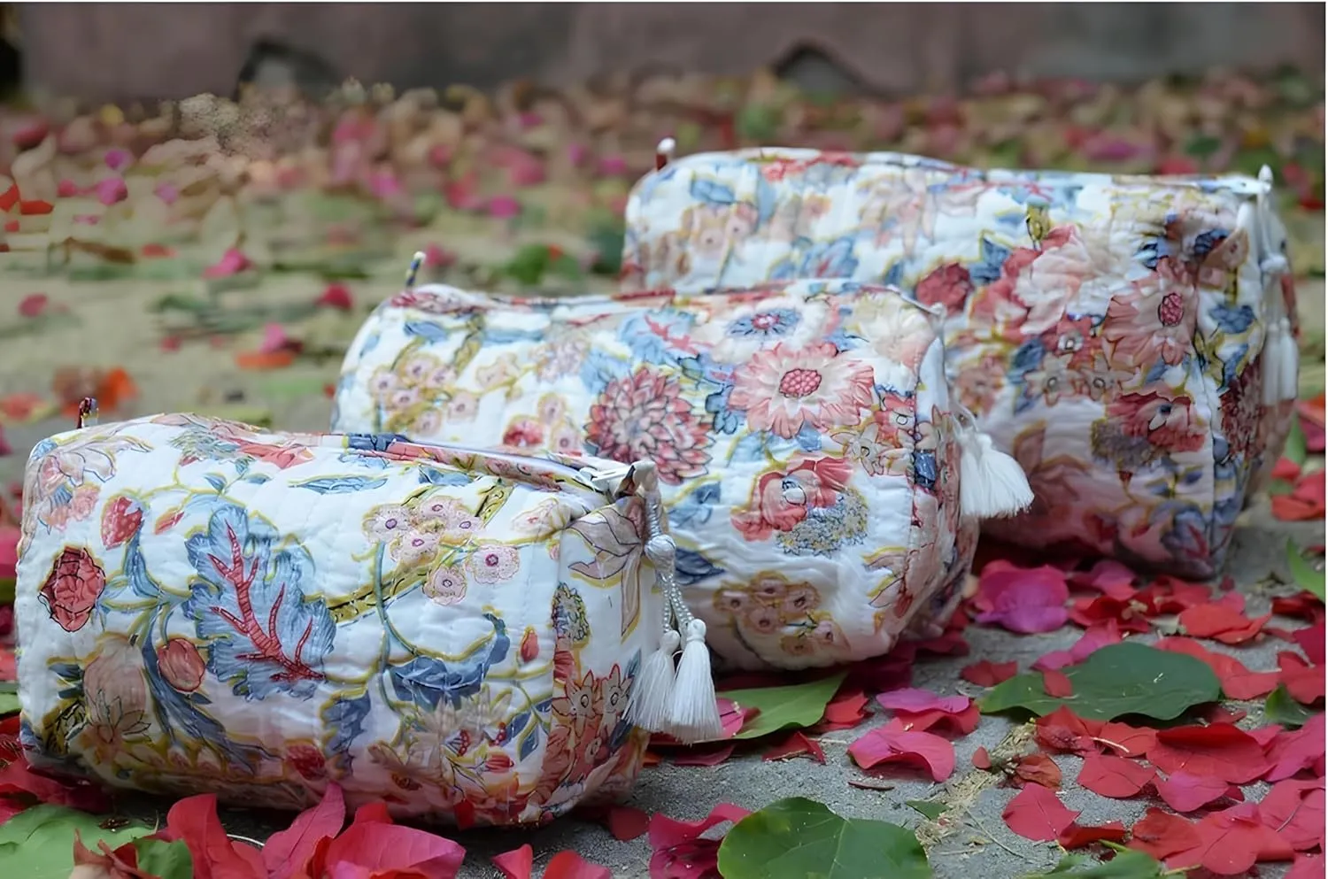 Set of 3 Pieces Indian Cotton Toiletry Bag Set Cosmetic Makeup Bags (Pattern-10)