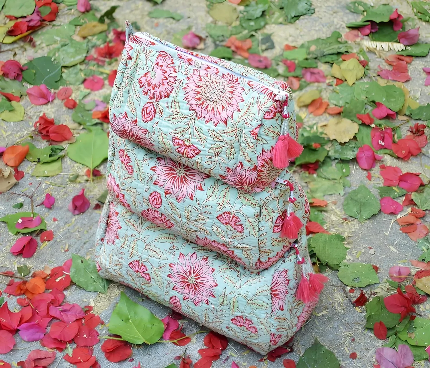 Set of 3 Pieces Indian Cotton Toiletry Bag Set Cosmetic Makeup Bags (Pattern-11)