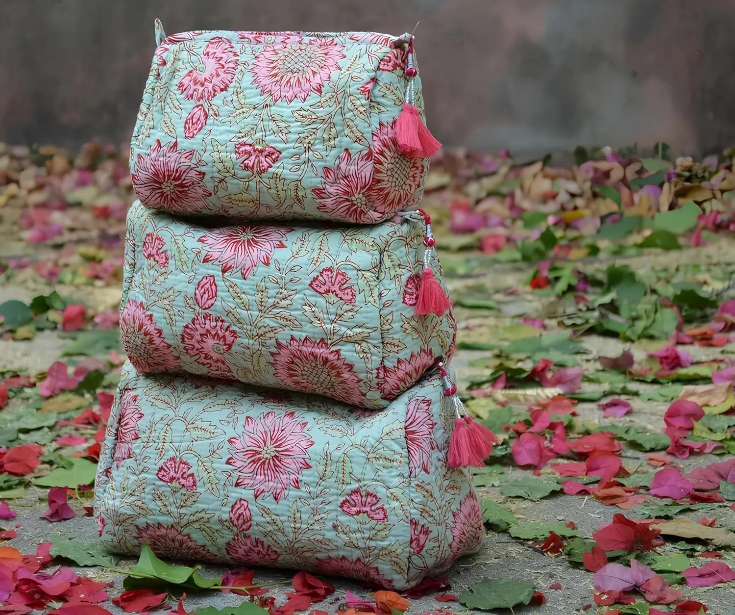 Set of 3 Pieces Indian Cotton Toiletry Bag Set Cosmetic Makeup Bags (Pattern-11)