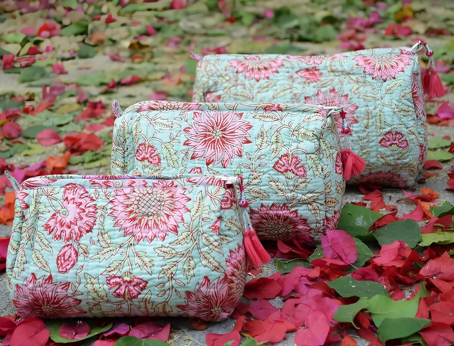 Set of 3 Pieces Indian Cotton Toiletry Bag Set Cosmetic Makeup Bags (Pattern-11)