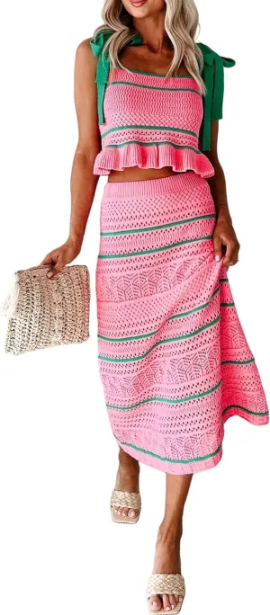 Seyumixi Women Crochet Knit 2 Piece Vacation Outfits Sleeveless Striped Tie Shoulder Tank Top Bodycon Midi Skirt Set