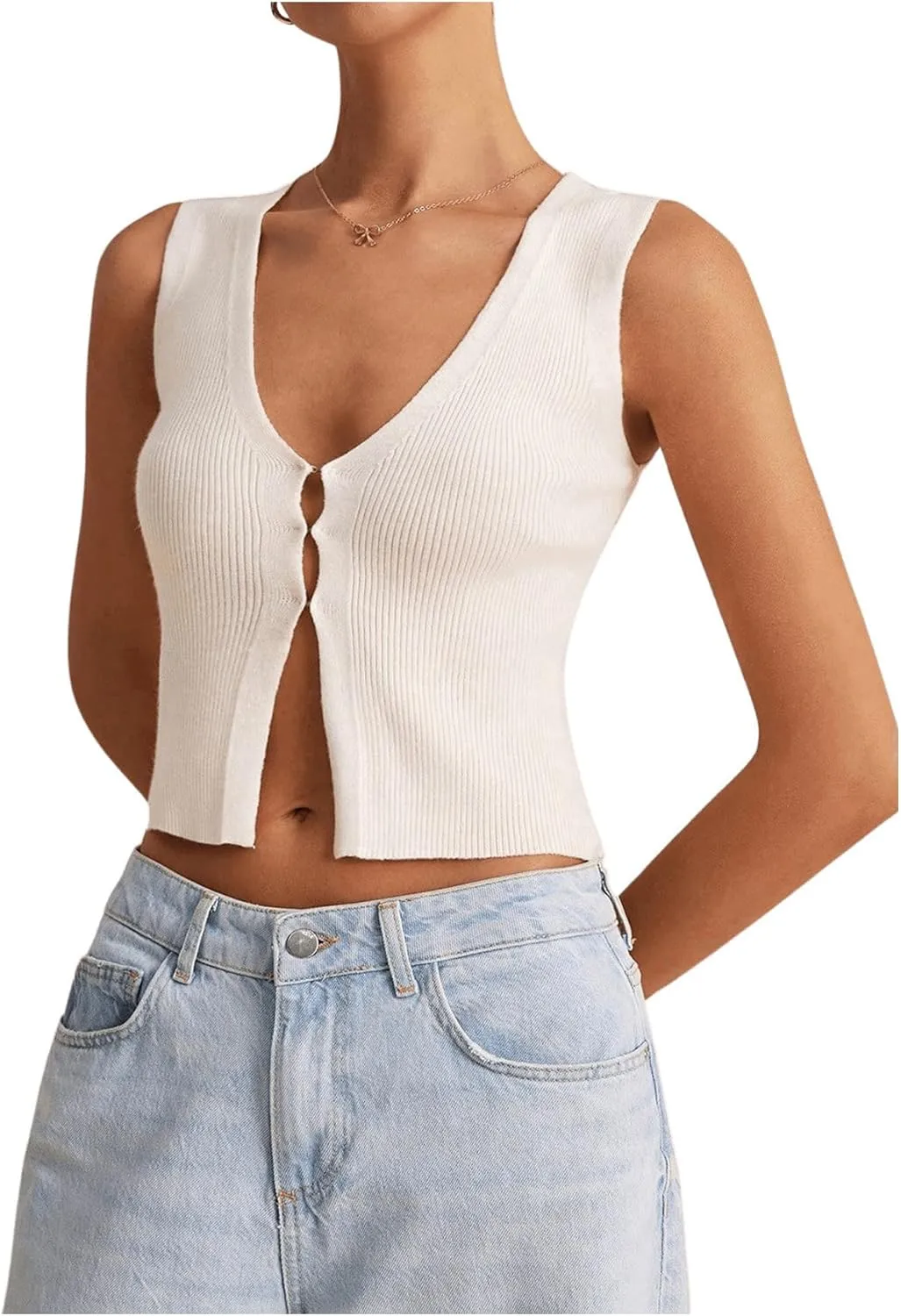 SHENHE Women's Sleeveless Knitted V Neck Sweater Tank Split Hem Cropped Vest Cardigan
