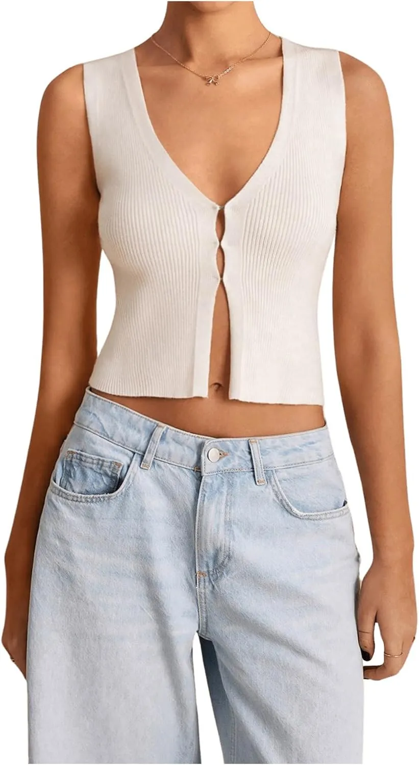 SHENHE Women's Sleeveless Knitted V Neck Sweater Tank Split Hem Cropped Vest Cardigan