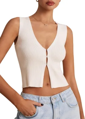SHENHE Women's Sleeveless Knitted V Neck Sweater Tank Split Hem Cropped Vest Cardigan