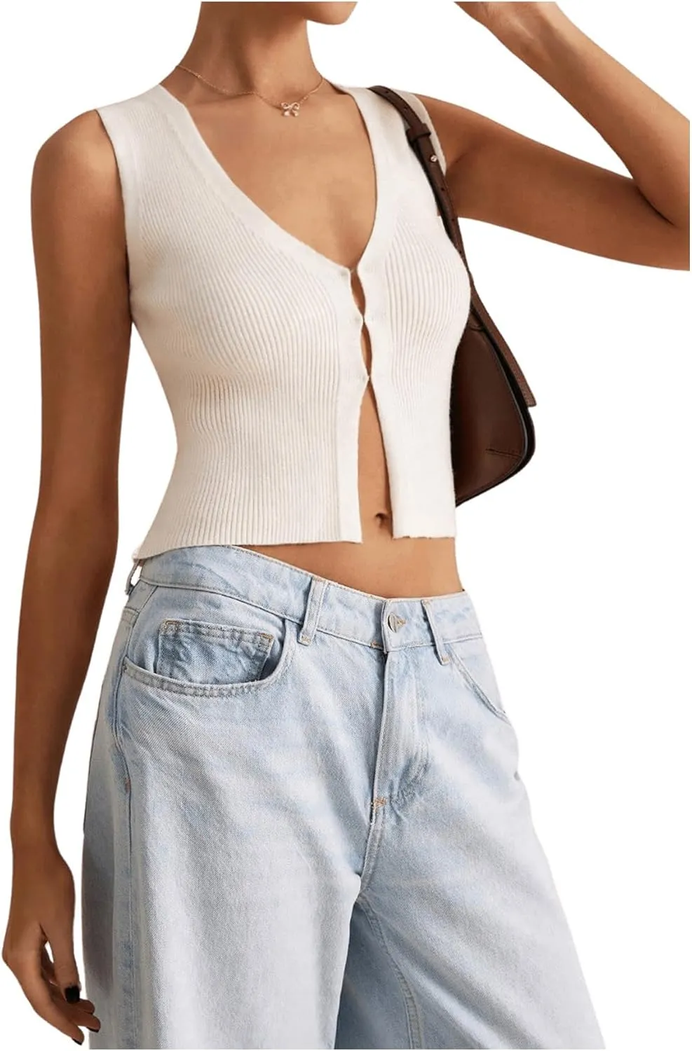 SHENHE Women's Sleeveless Knitted V Neck Sweater Tank Split Hem Cropped Vest Cardigan