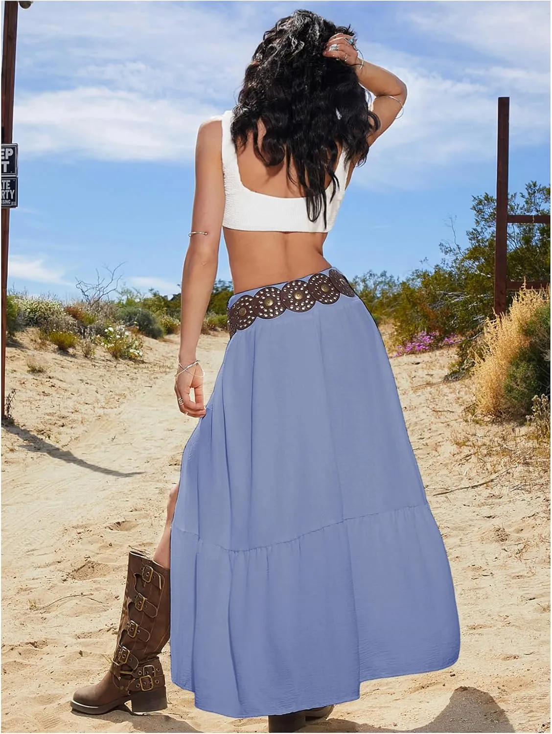 SHENHE Women's Summer Low Rise Maxi Skirt High Slit Ruffle Hem Flowy Boho Long Skirt
