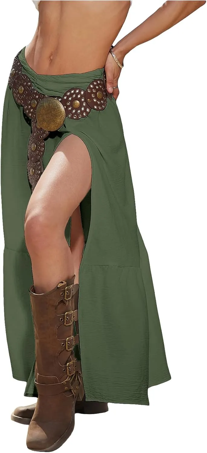 SHENHE Women's Summer Low Rise Maxi Skirt High Slit Ruffle Hem Flowy Boho Long Skirt