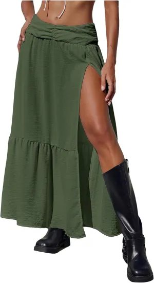 SHENHE Women's Summer Low Rise Maxi Skirt High Slit Ruffle Hem Flowy Boho Long Skirt