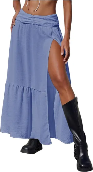SHENHE Women's Summer Low Rise Maxi Skirt High Slit Ruffle Hem Flowy Boho Long Skirt