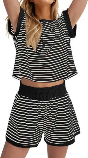 Short Sets for Women Casual Striped Short Sleeve Top Elastic Waisted Shorts Outfits Trendy Color Block Tracksuits
