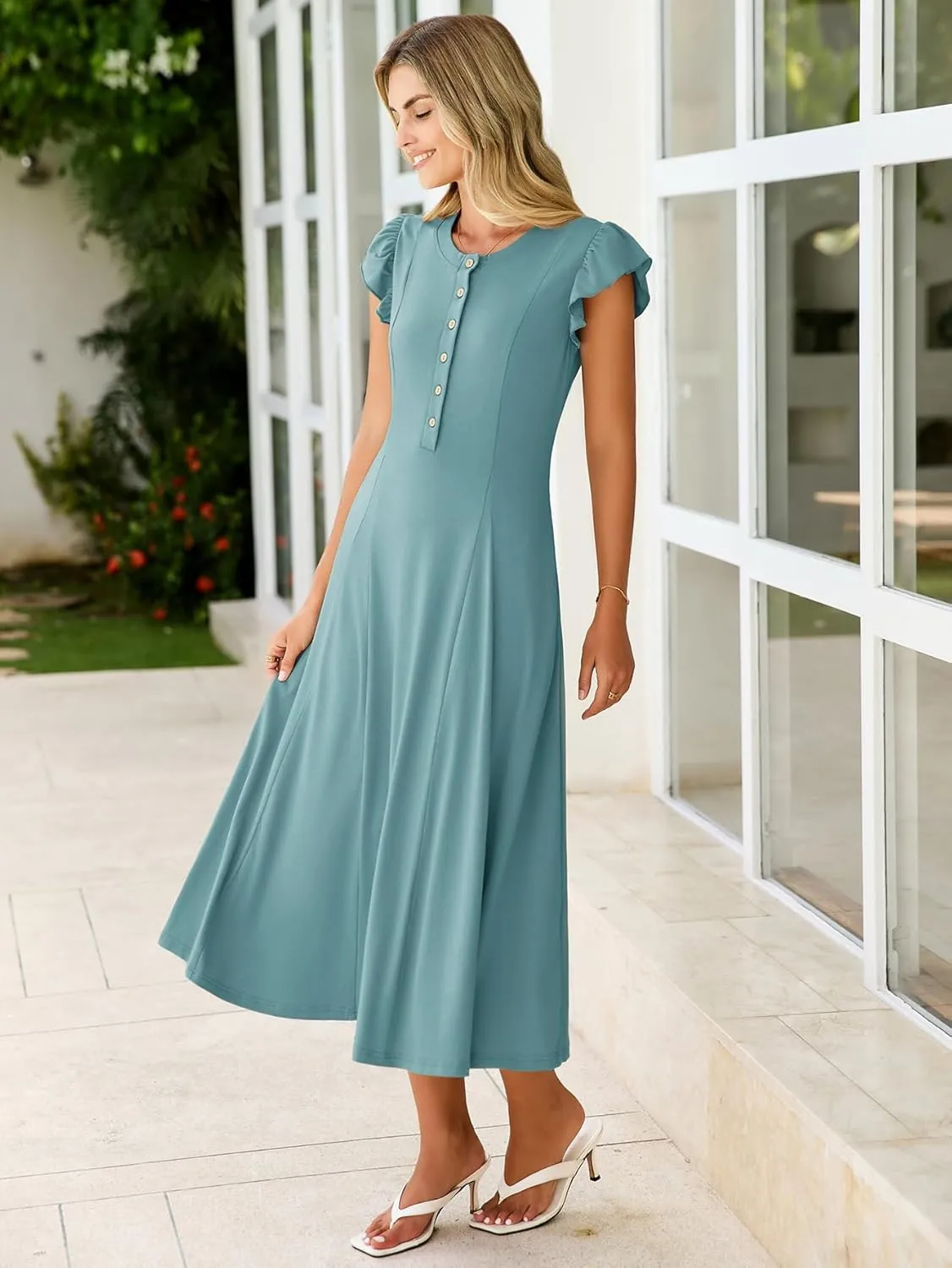 Simplee Womens Summer Casual Dress - Short Sleeve Button Crewneck A-Line Flowy Fit and Flare Beach Midi Dress