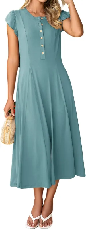 Simplee Womens Summer Casual Dress - Short Sleeve Button Crewneck A-Line Flowy Fit and Flare Beach Midi Dress