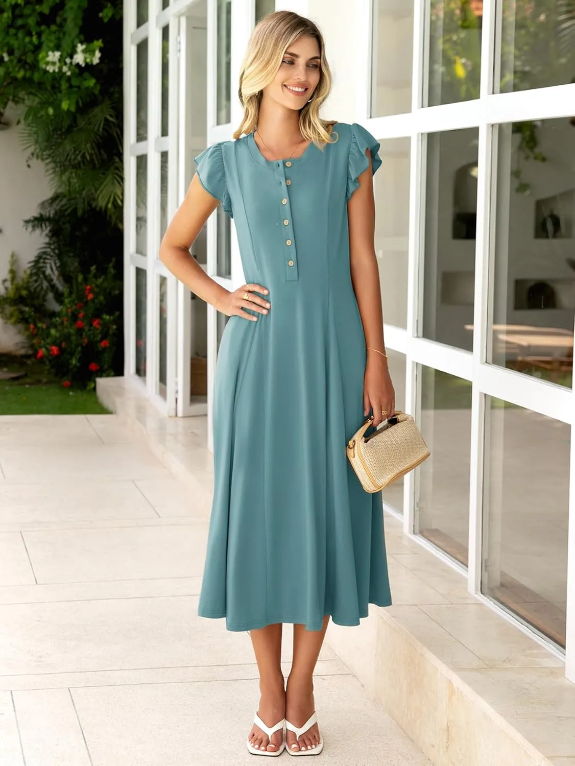 Simplee Womens Summer Casual Dress - Short Sleeve Button Crewneck A-Line Flowy Fit and Flare Beach Midi Dress