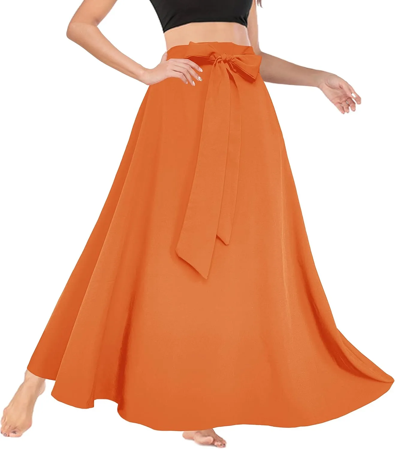 Sinono Womens High Waist Skirt Tie Front Pleated A-line Flowy Long Maxi Skirt with Pockets