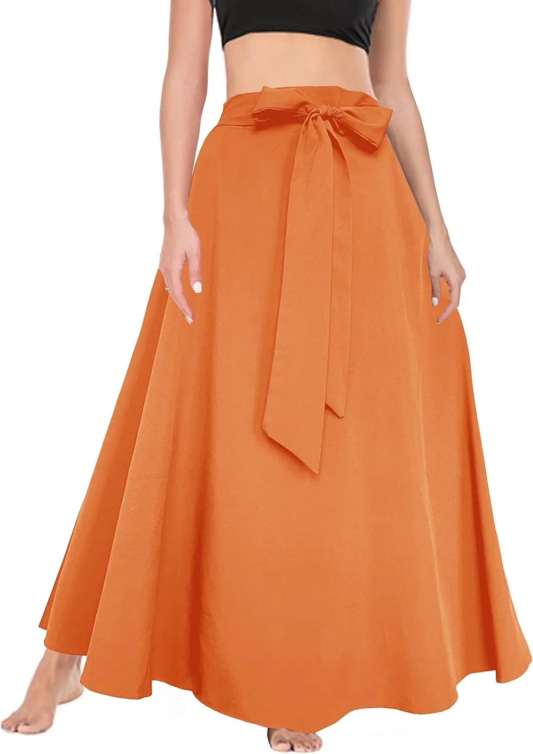 Sinono Womens High Waist Skirt Tie Front Pleated A-line Flowy Long Maxi Skirt with Pockets