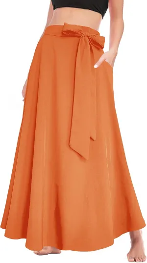 Sinono Womens High Waist Skirt Tie Front Pleated A-line Flowy Long Maxi Skirt with Pockets