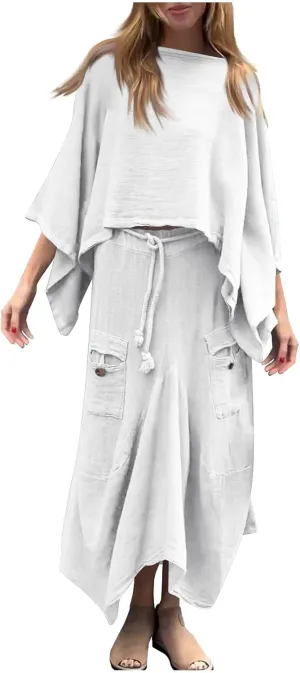 Skirts for Women 2 Piece Sets Casual Fall Fashion Outfits Long Sleeve Top Irregular Midi Skirts Matching Travel Dress