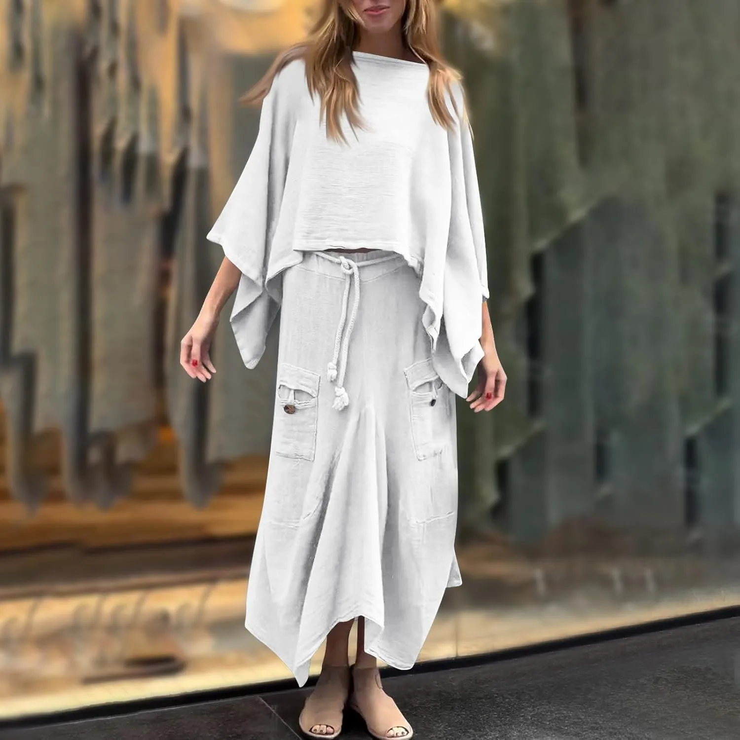 Skirts for Women 2 Piece Sets Casual Fall Fashion Outfits Long Sleeve Top Irregular Midi Skirts Matching Travel Dress