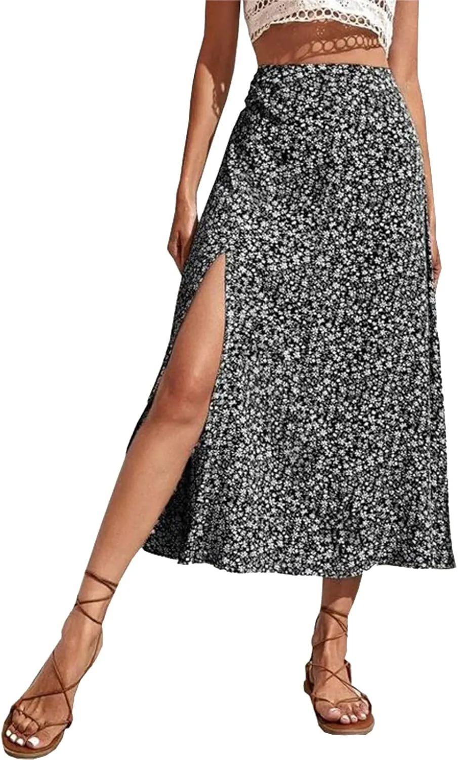 Skirts for Women Trendy Y2K Spring Summer Boho Floral Print High Waist Flowy Split A Line Bohemian Style Maxi Skirt