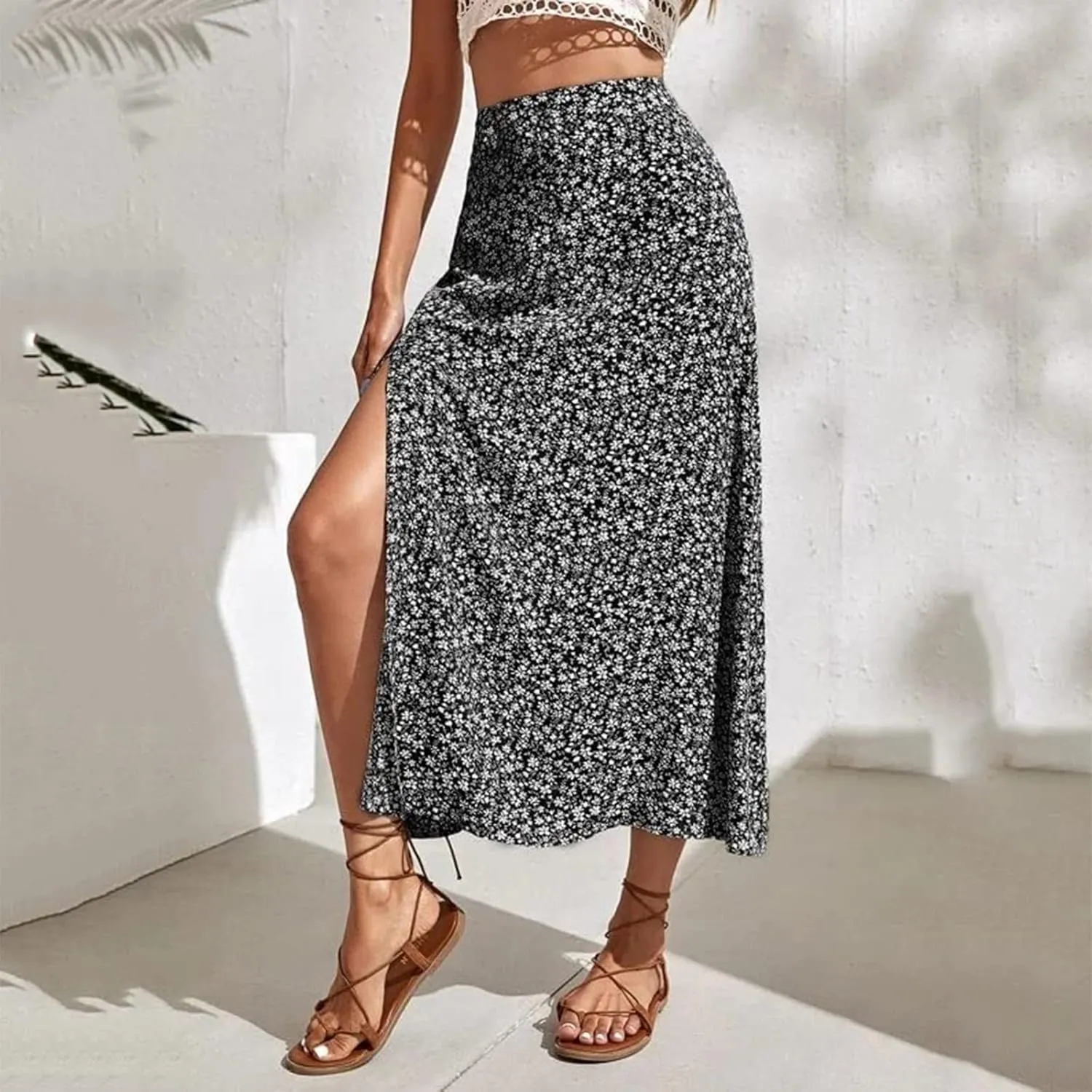Skirts for Women Trendy Y2K Spring Summer Boho Floral Print High Waist Flowy Split A Line Bohemian Style Maxi Skirt