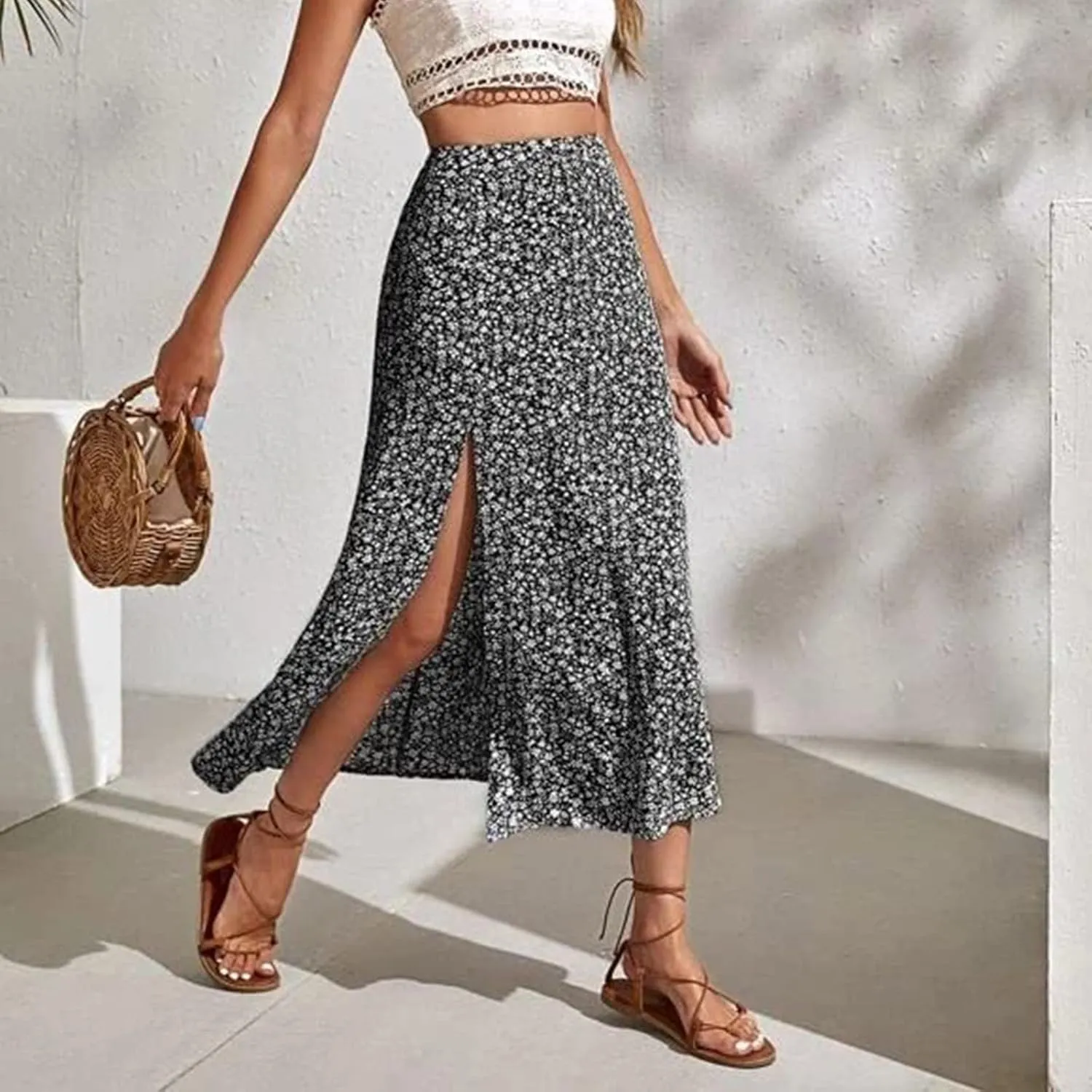 Skirts for Women Trendy Y2K Spring Summer Boho Floral Print High Waist Flowy Split A Line Bohemian Style Maxi Skirt