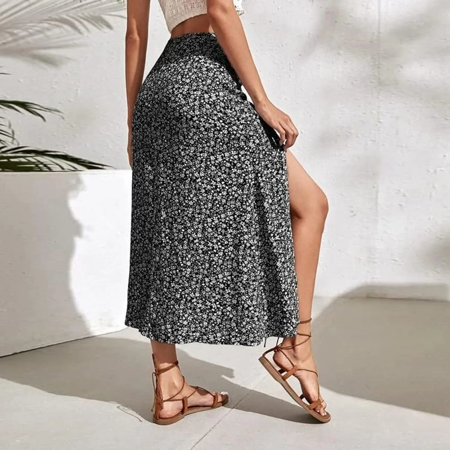 Skirts for Women Trendy Y2K Spring Summer Boho Floral Print High Waist Flowy Split A Line Bohemian Style Maxi Skirt