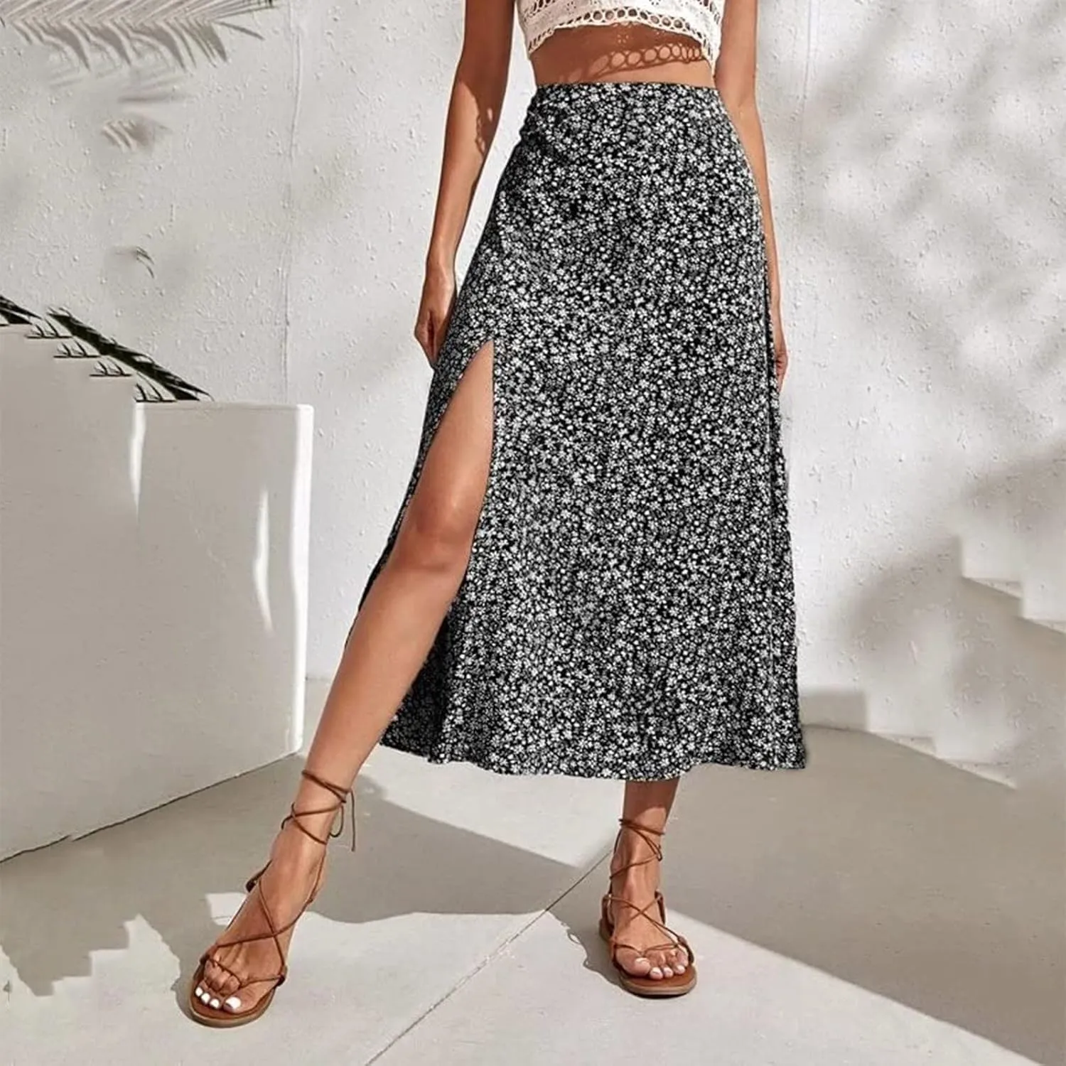 Skirts for Women Trendy Y2K Spring Summer Boho Floral Print High Waist Flowy Split A Line Bohemian Style Maxi Skirt