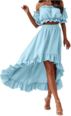 Skirts Sets Women 2 Piece Outfits Summer Off Shoulder Ruffle Trim Puff Sleeve Tube Crop High Waist Flowy Maxi Skirt