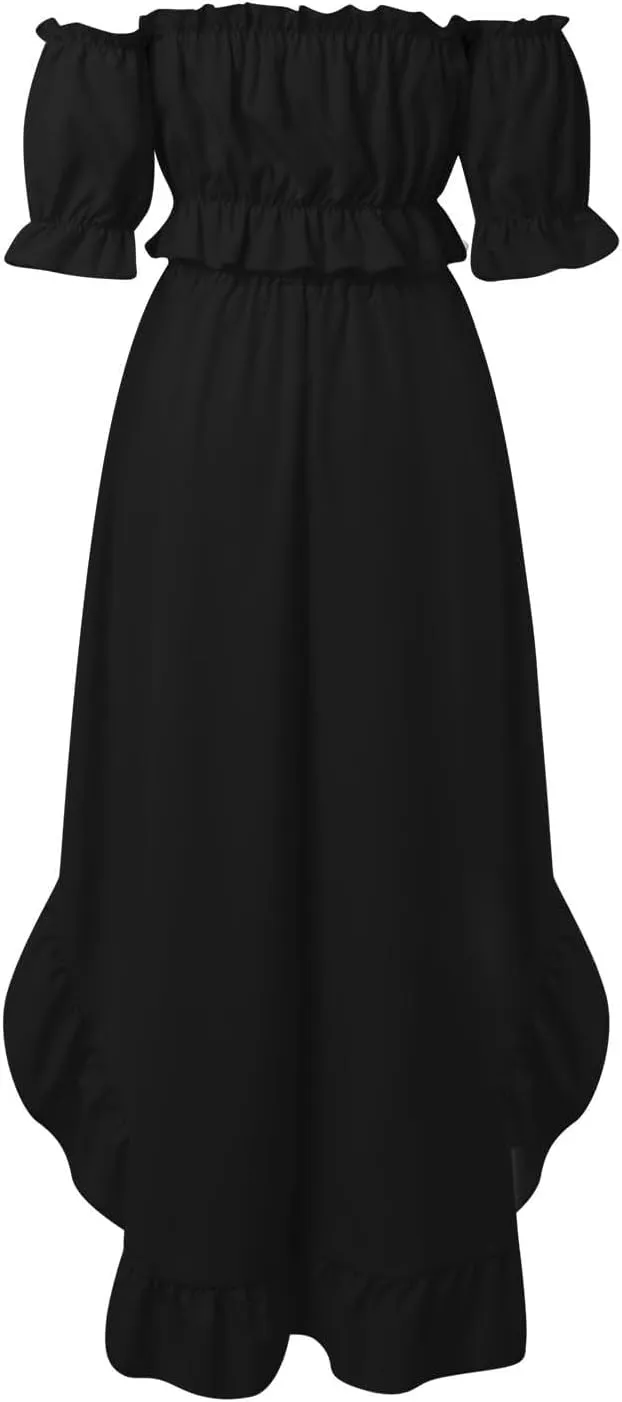 Skirts Sets Women 2 Piece Outfits Summer Off Shoulder Ruffle Trim Puff Sleeve Tube Crop High Waist Flowy Maxi Skirt