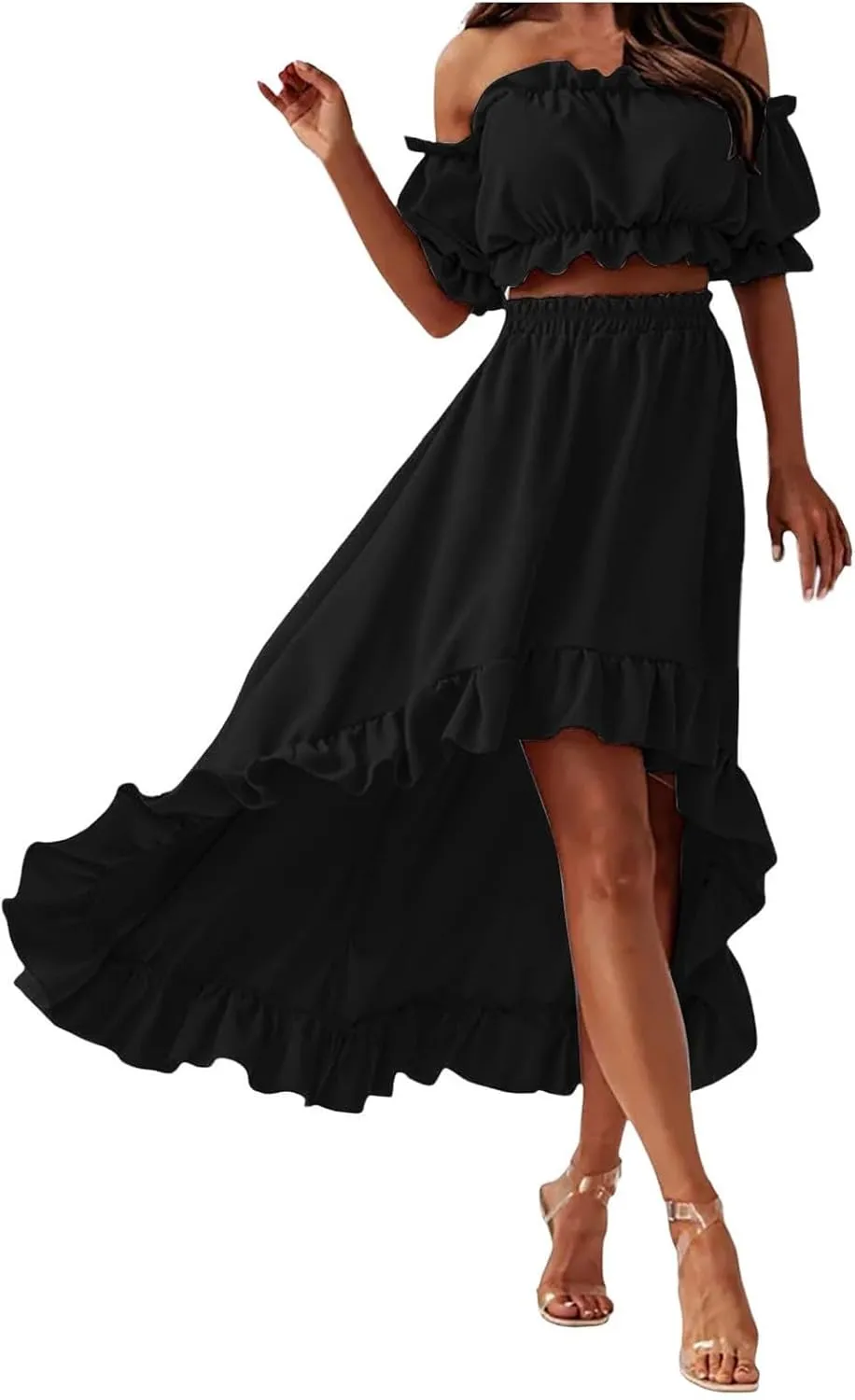 Skirts Sets Women 2 Piece Outfits Summer Off Shoulder Ruffle Trim Puff Sleeve Tube Crop High Waist Flowy Maxi Skirt
