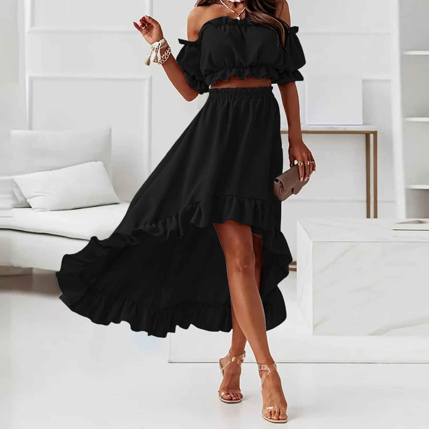 Skirts Sets Women 2 Piece Outfits Summer Off Shoulder Ruffle Trim Puff Sleeve Tube Crop High Waist Flowy Maxi Skirt