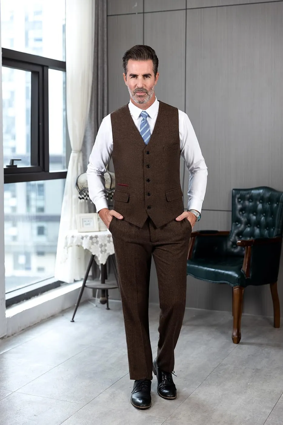 SOLOVEDRESS Mens Vintage Classic Herringbone Pattern Suit Vest V Neck Casual Wool Blend Waistcoat for Men