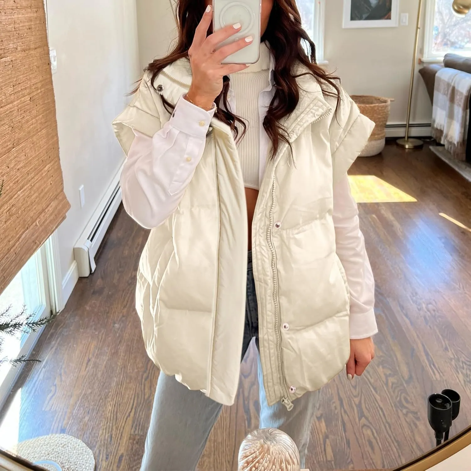 Songling Womens Oversized Puffer Vest Stand Collar Full Zip Sleeveless Bubble Puffer Vest Quilted Padded Warm Coat Outwear