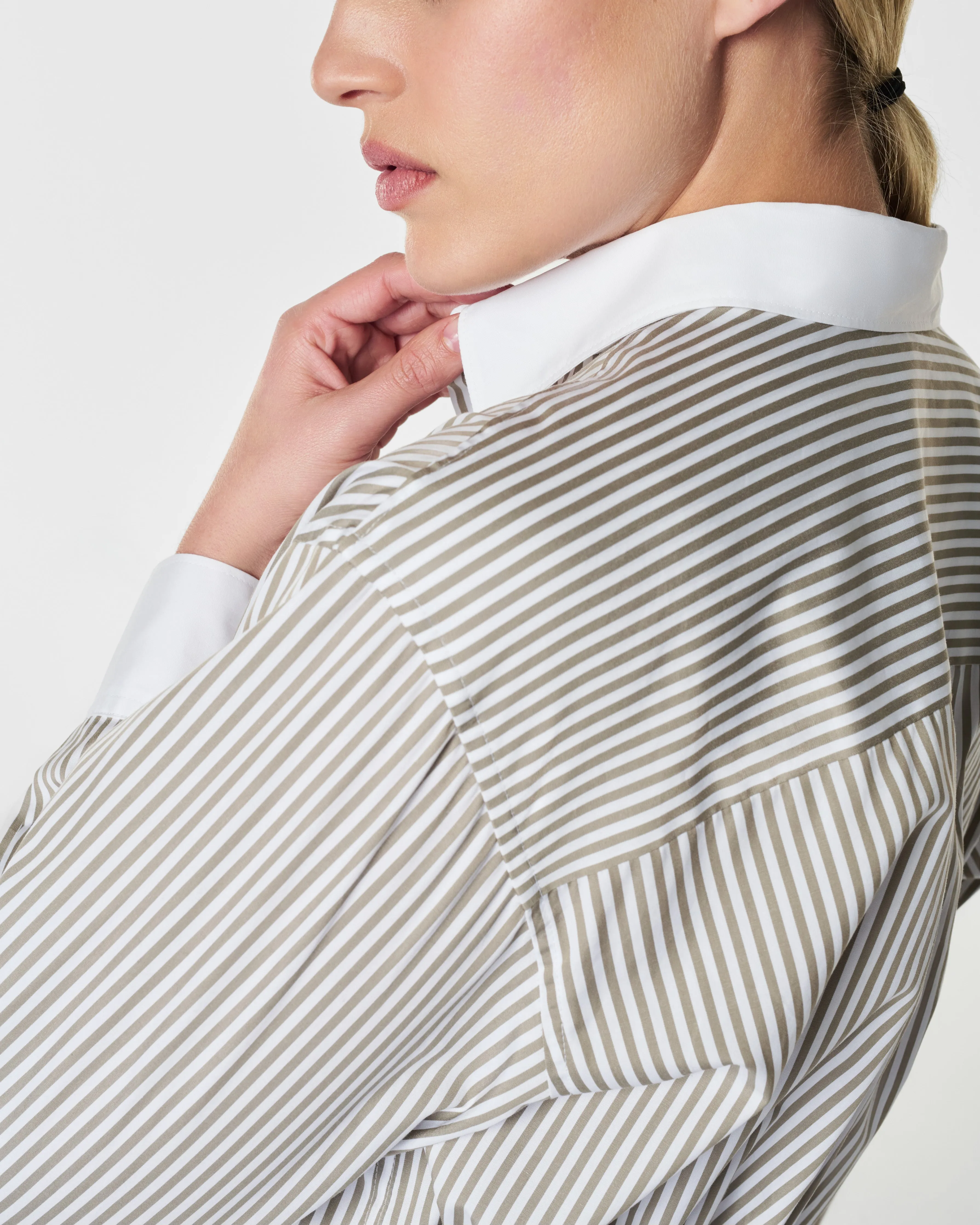 SPANX® Poplin Oversized Button Down, Matcha Stripe