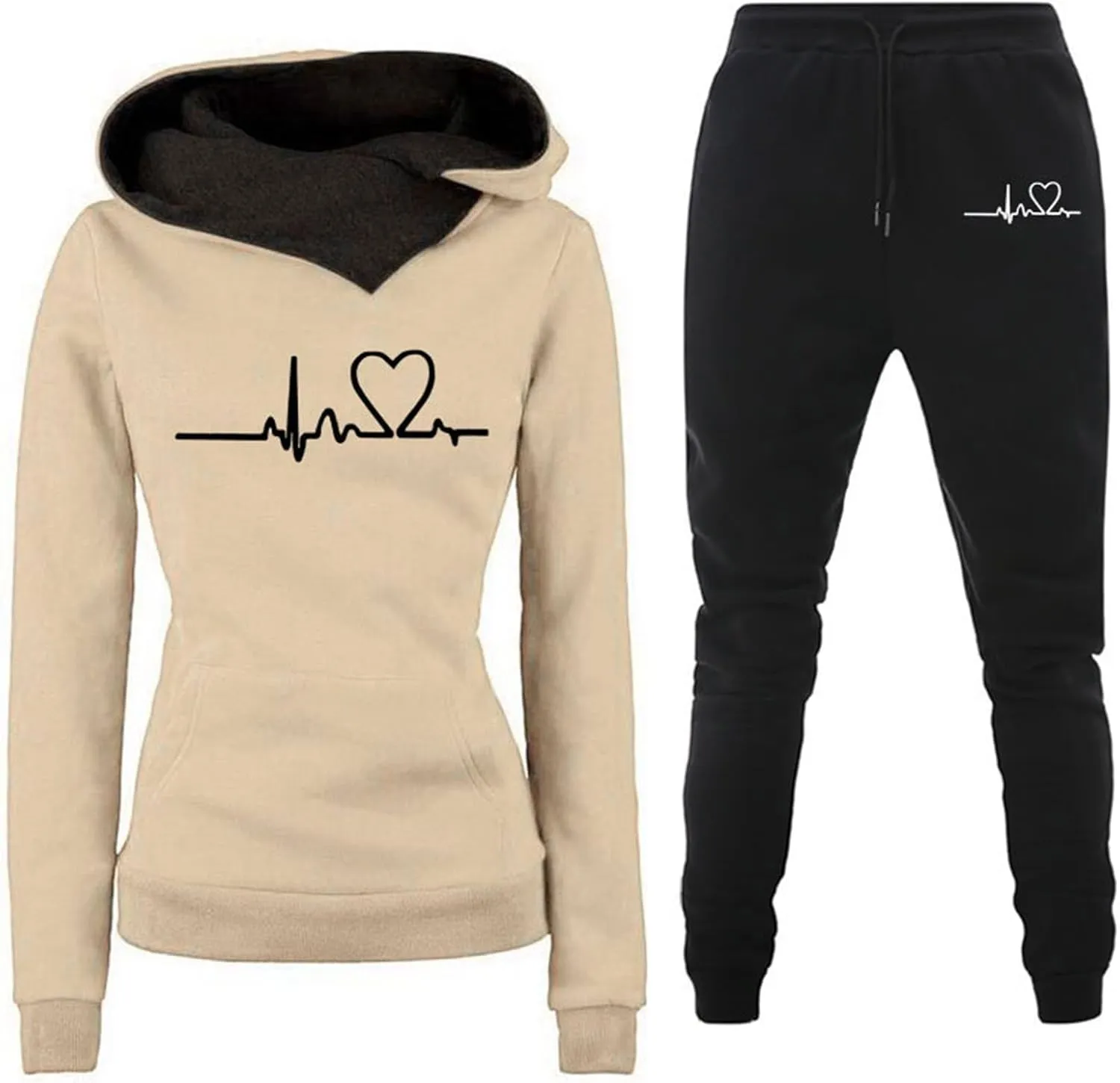 Stessotudo Pant Sets for Women Two Piece Outfits Heart Print Cute Matching Set Long Sleeve Hoodie Plus Size Trendy Sweatsuits