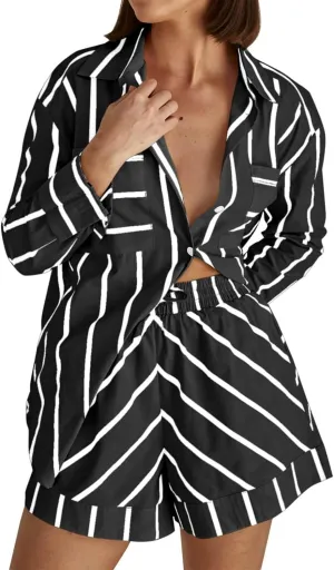 Striped Sets Women 2 Piece Outfits Long Sleeve Casual Button Down Shirts and Shorts Lightweight Oversized Pajamas Set